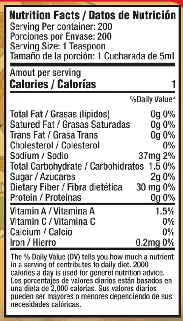 Nutrition Facts panel from the 1L bottle label, in English and Spanish
